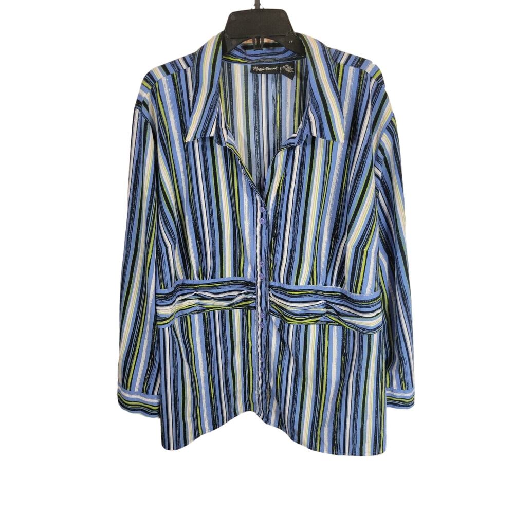 Maggie Barnes Blue Metallic Striped Button Front Tunic Top Women's Plus Size 4X